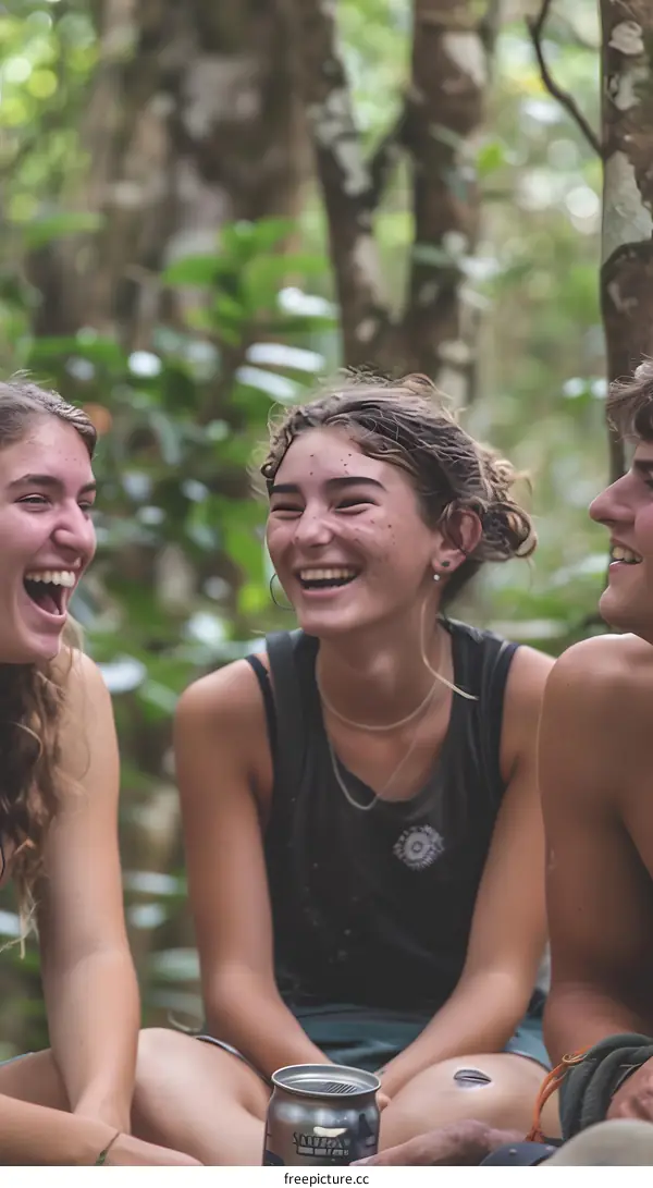 Three Friends Laughing Together In The Forest