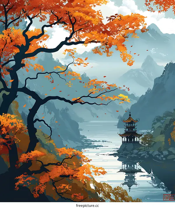 Autumn Landscape with Pagoda and River
