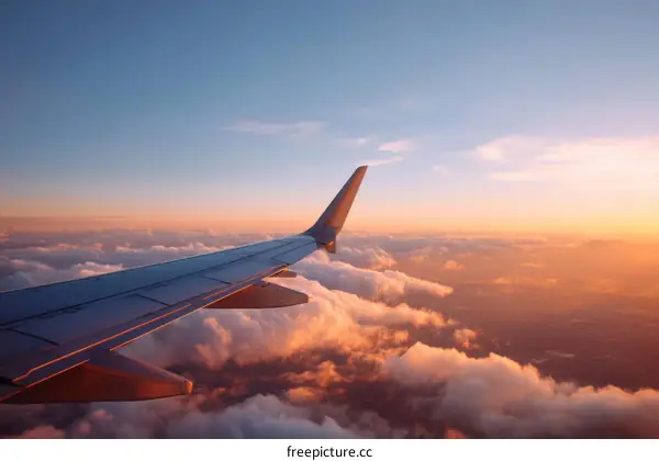 Amazing Aerial View of Clouds and Airplane Wing at Sunset