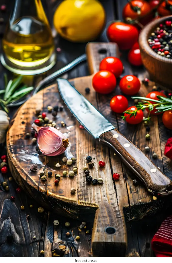 Kitchen Table With Cutting Board Knife And Spices