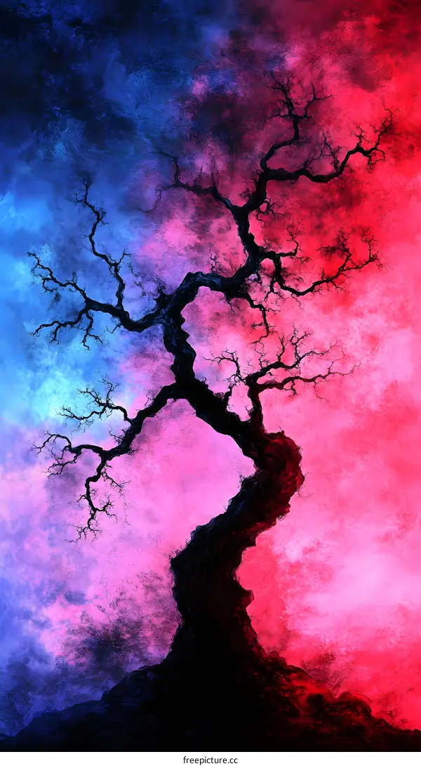 Silhouette of a Tree Against a Blue and Red Sky