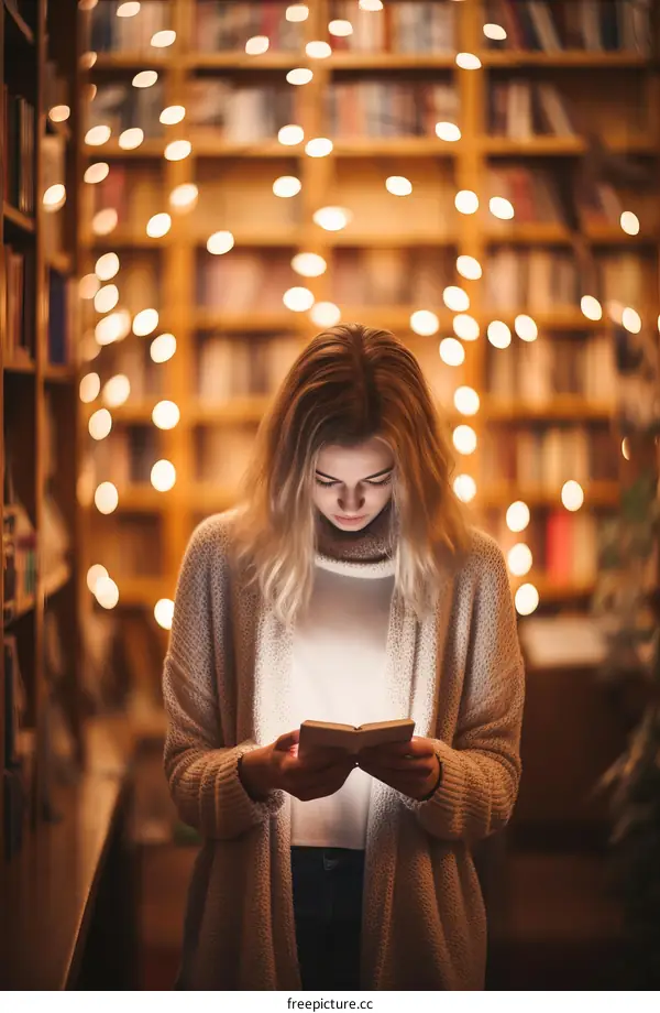 Young woman reading a book in a library
