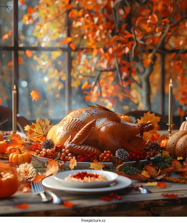 Thanksgiving dinner table with roasted turkey, pumpkins, and autumn leaves