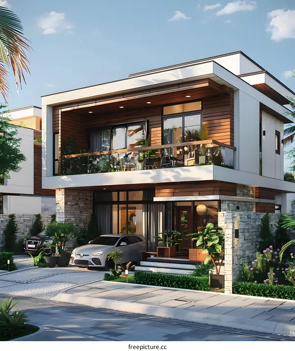 A 3D rendering of a two-story house with a modern design