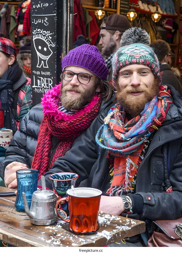 Two Men With Beards Sitting at a Table in a Market
