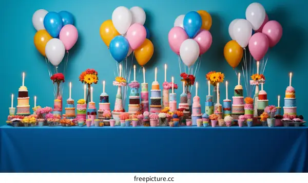 A table full of birthday cakes and balloons