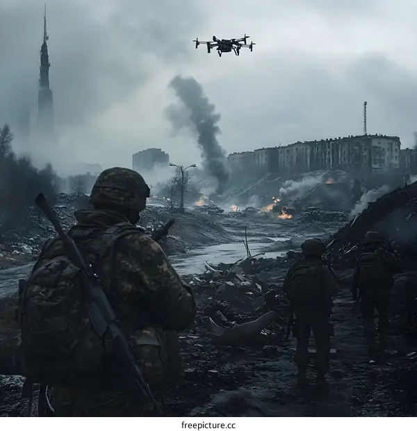 Soldiers in a War Zone with a Drone Flying Overhead