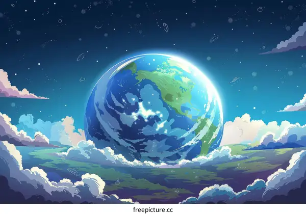 Beautiful Digital Illustration of Earth from Space Encircled by Clouds and Stars