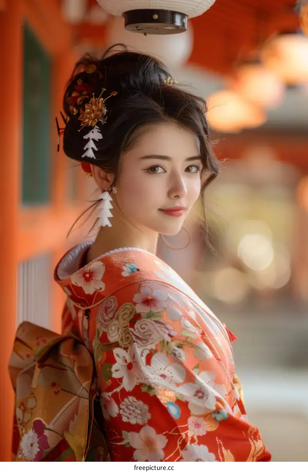 Portrait of a beautiful Japanese woman in traditional kimono
