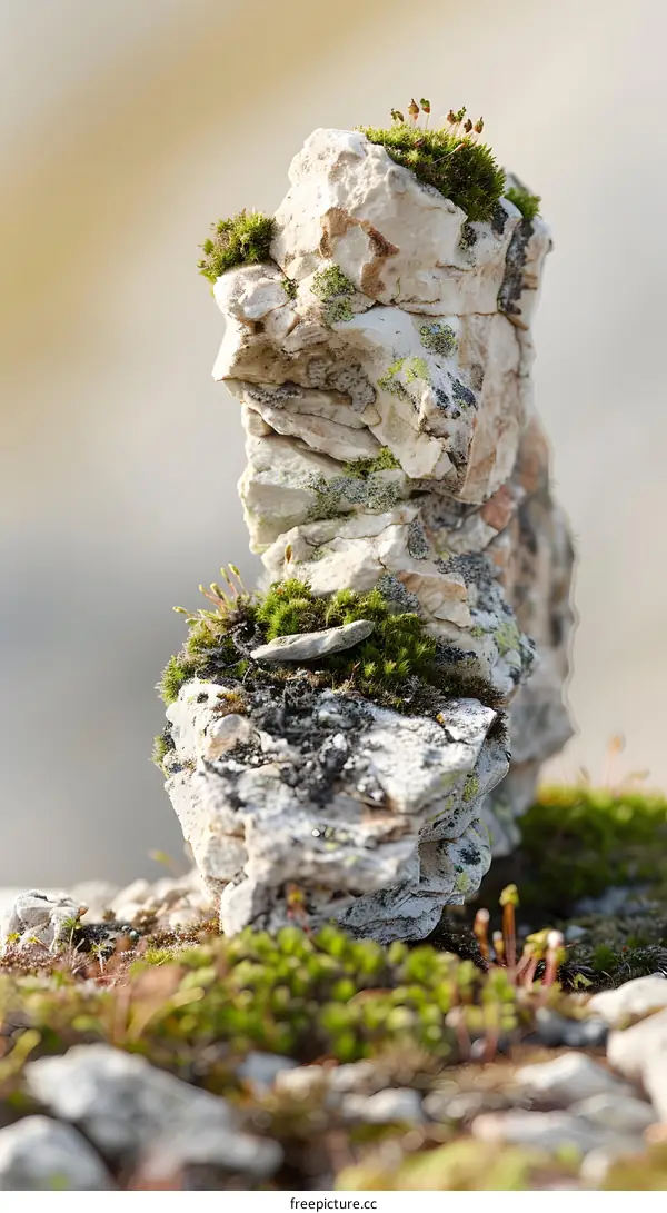 Close Up Of A Stacked Rock Covered In Moss