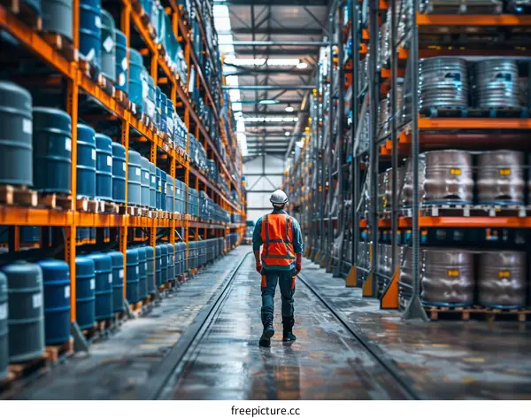 A worker walking down an industrial warehouse aisle