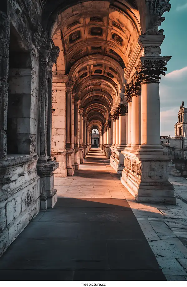 Arched Colonnade with Stone Columns and Sunlight