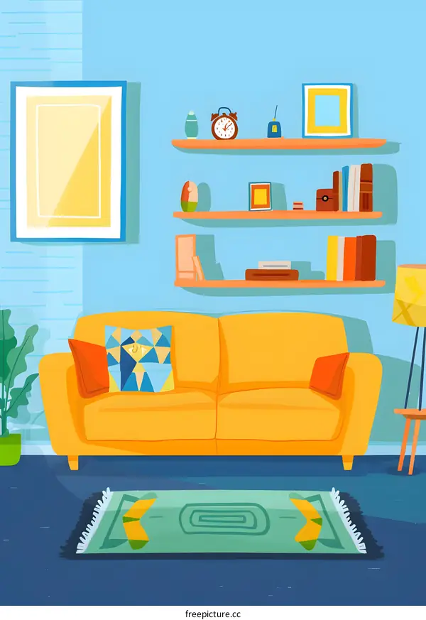 Cozy Living Room Interior Design with Yellow Sofa, Shelves, and Rug