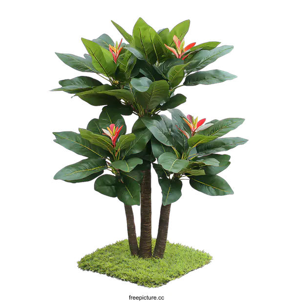 [Transparent Background PNG]Green Tropical Plant with Red Flowers and Grass Base Isolated on White Background