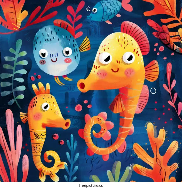 Three Happy Fish Friends Swimming in the Deep Blue Ocean