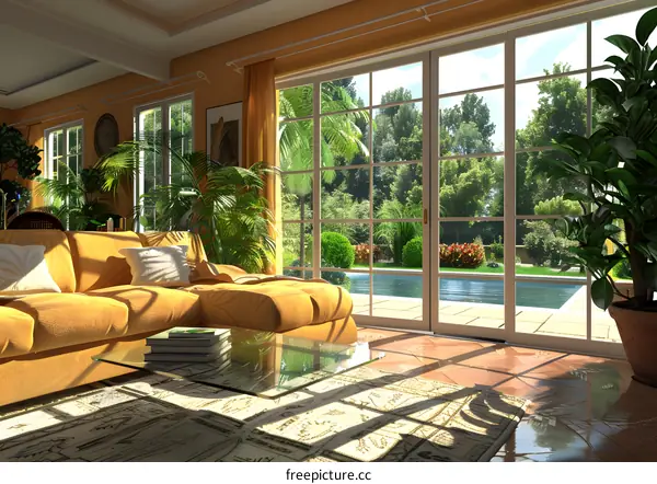 Modern Interior Design Living Room with Yellow Sofa and Glass Coffee Table