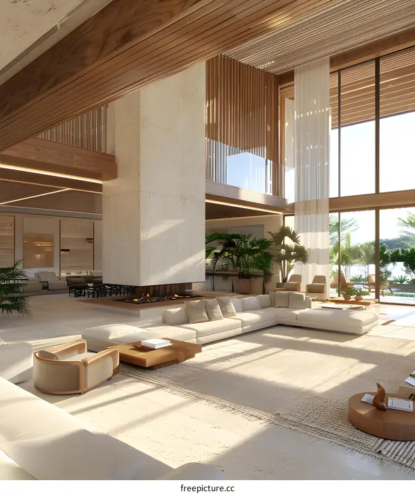 Modern Minimalist Living Room Interior Design with Fireplace and Large Windows