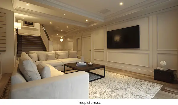 Bright spacious finished basement with large sectional, TV and coffee table