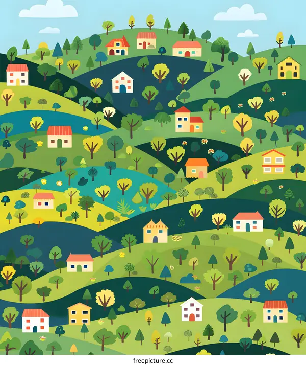 Colorful Illustration of a Village in a Green Valley
