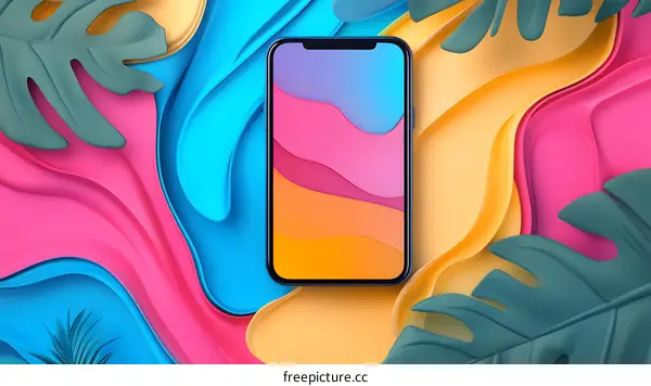 Modern Abstract Phone Wallpaper Design with Colorful Paper Cutout Leaves