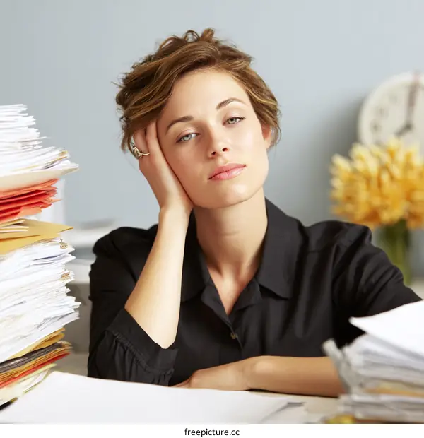 Tired Woman Overwhelmed with Work Documents