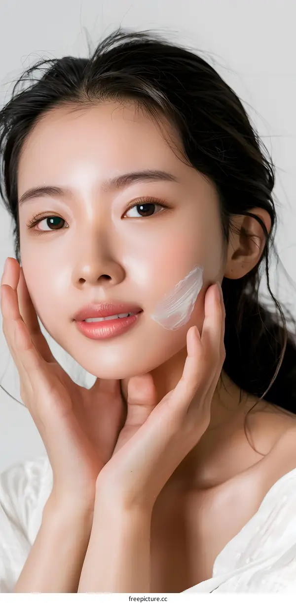 Young Woman Applying Face Cream with White Background