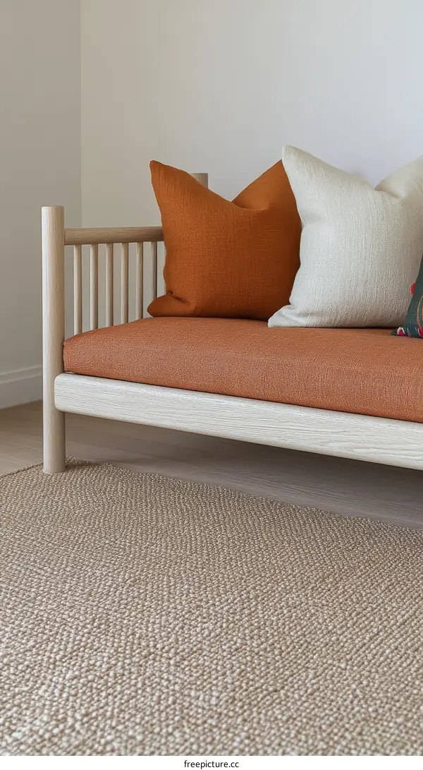 Modern Wooden Sofa with Cushions and Rug
