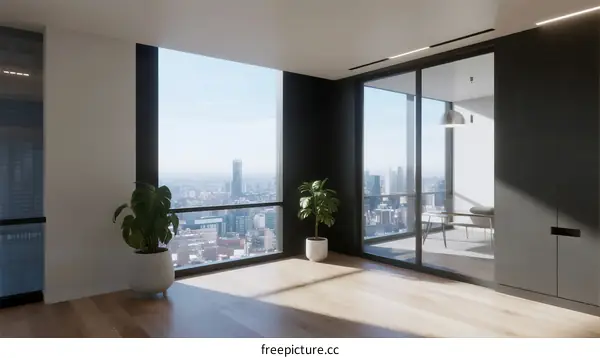 Modern bright room with large windows and city view