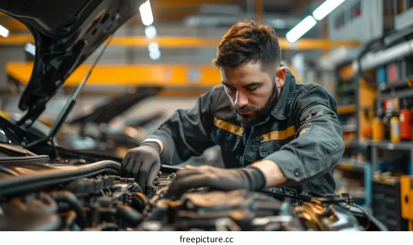 Car mechanic in uniform fixing automobile engine in car service