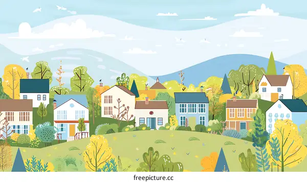 Colorful Illustration of a Small Town with Houses and Trees