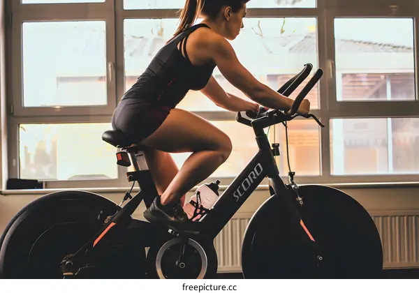 Woman on Stationary Bike in Gym