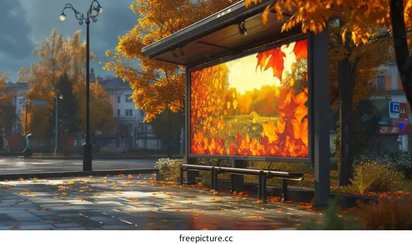 An empty bus stop with fallen leaves on the ground and a bus stop bench in the foreground. In the background, there is a street with a row of trees and buildings.