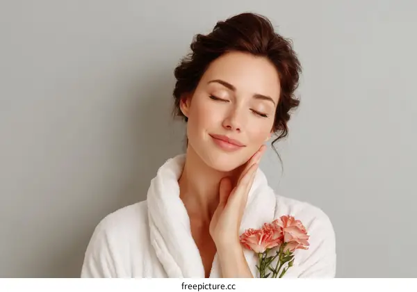 Relaxed Caucasian Woman in Bathrobe with Flowers
