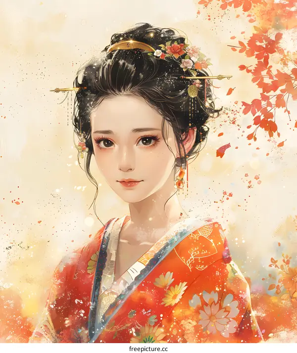 A beautiful Chinese woman in traditional dress with a red and yellow background