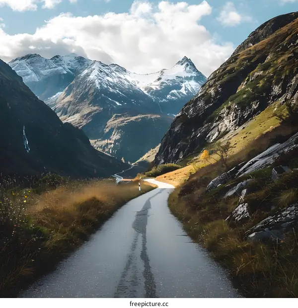 Asphalt Road Winding Through the Mountain Valley