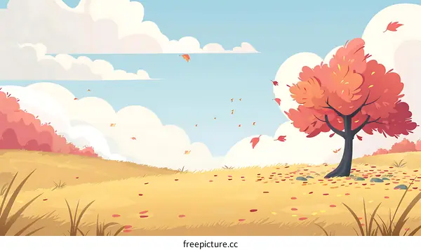Autumn Landscape with Falling Leaves and a Tree