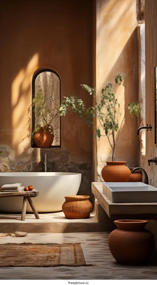 Earthy bathroom with large bathtub and plants in pots