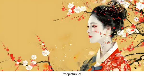 An illustration of a beautiful Asian woman in traditional dress with red and white plum blossoms.