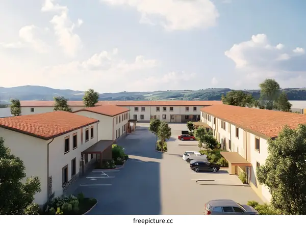 Modern  Mediterranean Architecture Villa with Red Tile Roofs and Car Parking