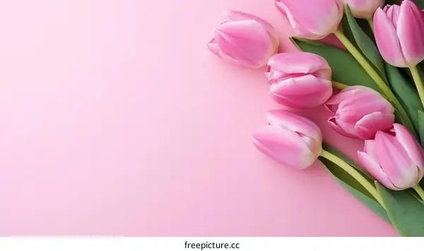 A bouquet of pink tulips on a pink background