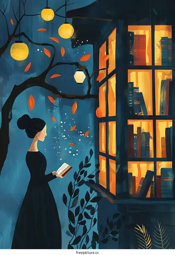 A woman reading a book in a library