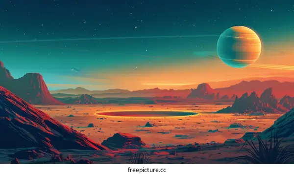 Alien Planet Landscape with Ringed Gas Giant