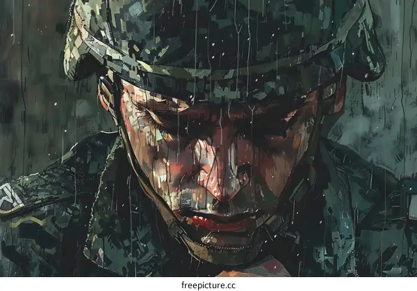 Close Up Portrait of Soldier in Rain