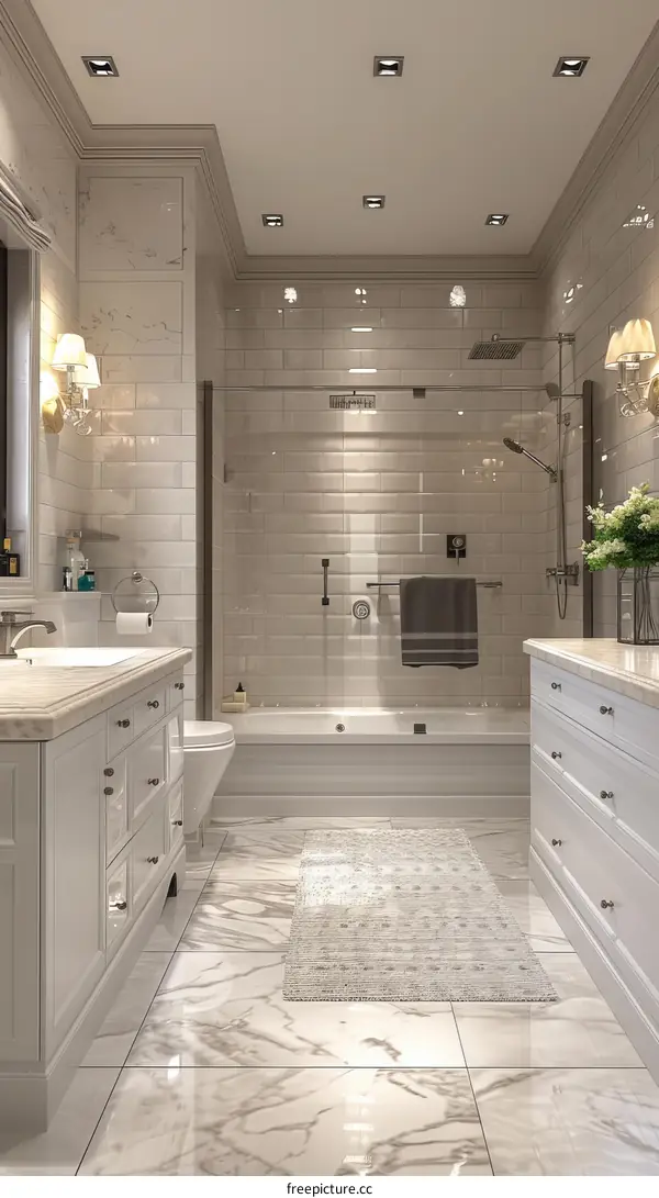 Modern bathroom interior design with white cabinets and marble tiles