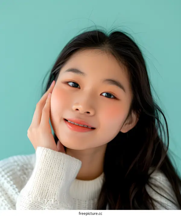 Smiling Woman with Long Hair in a White Sweater