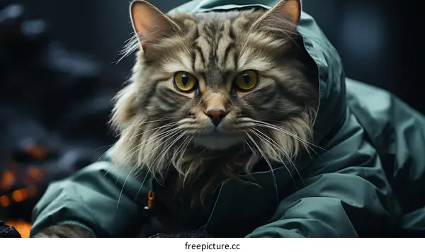 Ginger Cat Wearing Green Jacket Looks at Camera