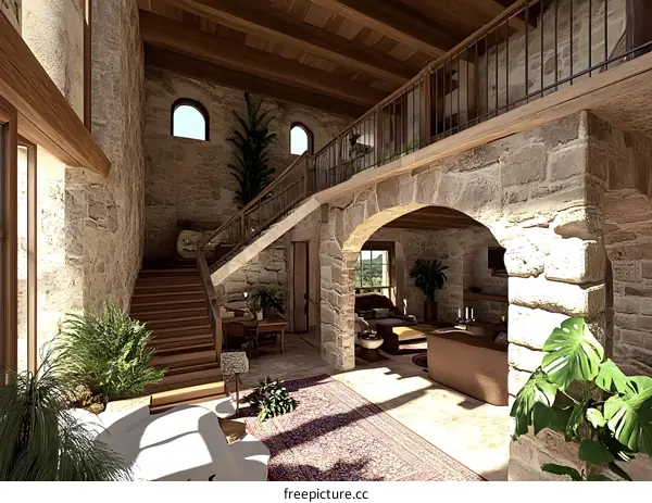 Rustic Interior Design With Wooden Beams and Stone Walls