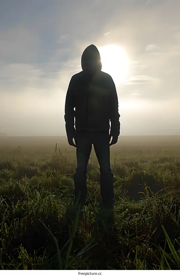 Man Silhouette in Foggy Field with Sunrise
