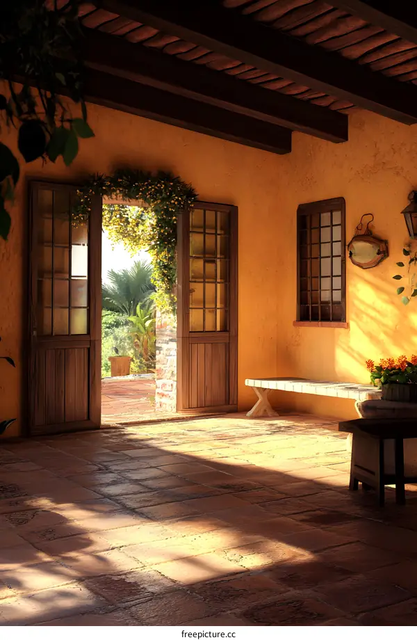 Italian Style Patio Entrance With Wooden Door