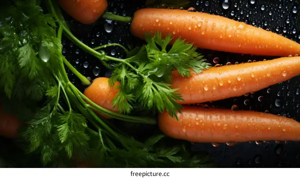 Fresh Carrots with Green Leafy Top on a Black Background